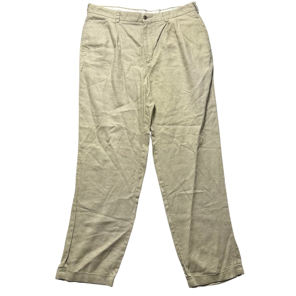 Brooks Brothers 346‎ Mens Khaki Linen Pleated Cuffed Pants W36 L32 Casual Office